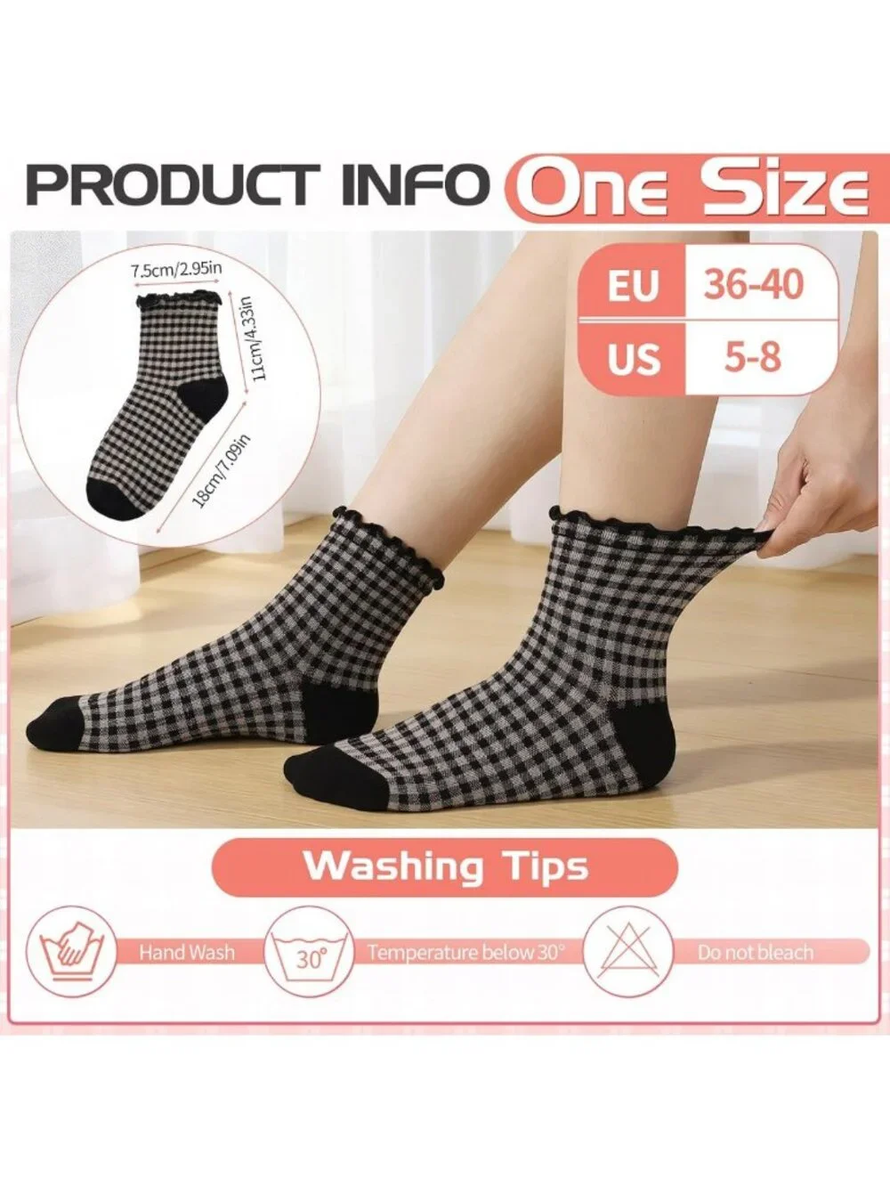 6 Pairs Cute Ruffle Striped Ankle Socks - Frilly Cotton Knit Casual Crew Socks